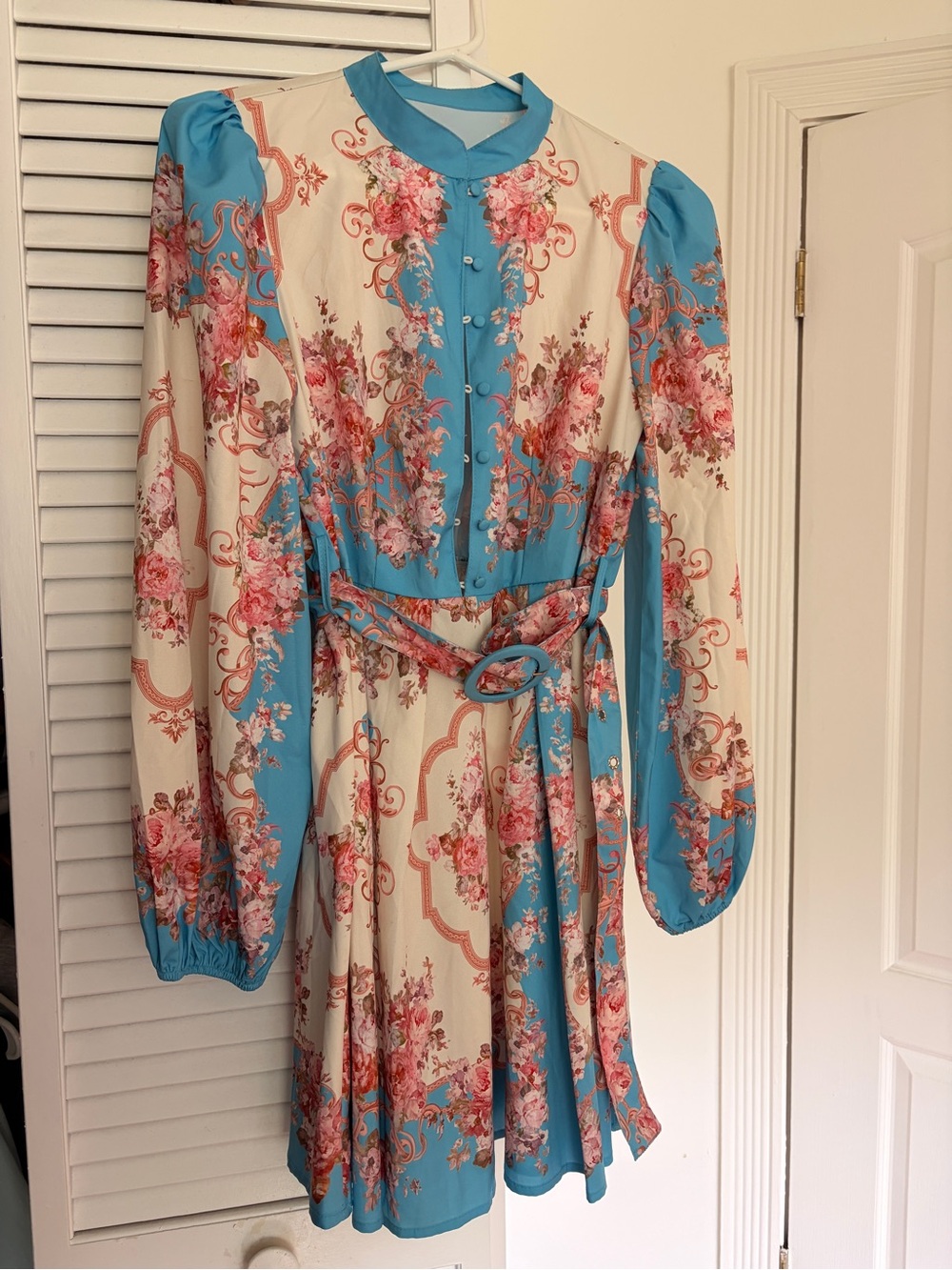 Floral Belted Long-Sleeve A-Line Dress in Blue and Cream